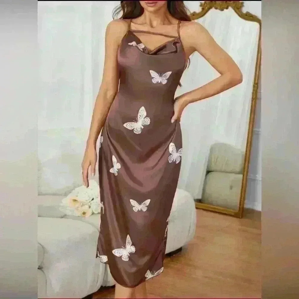 Plus  Size Butterfly Colored Satin Night Dress For Women
